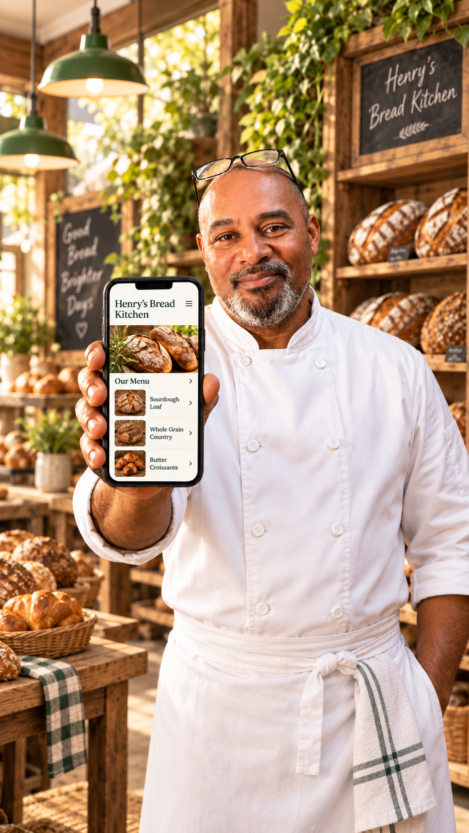 Henry presenting a bakery website on a phone