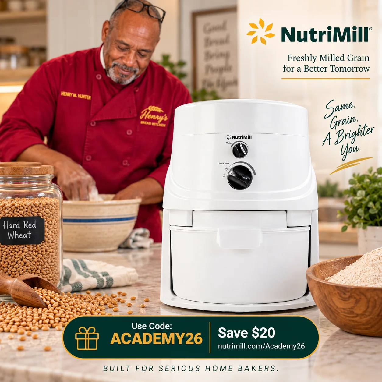 Henry Hunter milling hard red wheat in his kitchen with a NutriMill grain mill