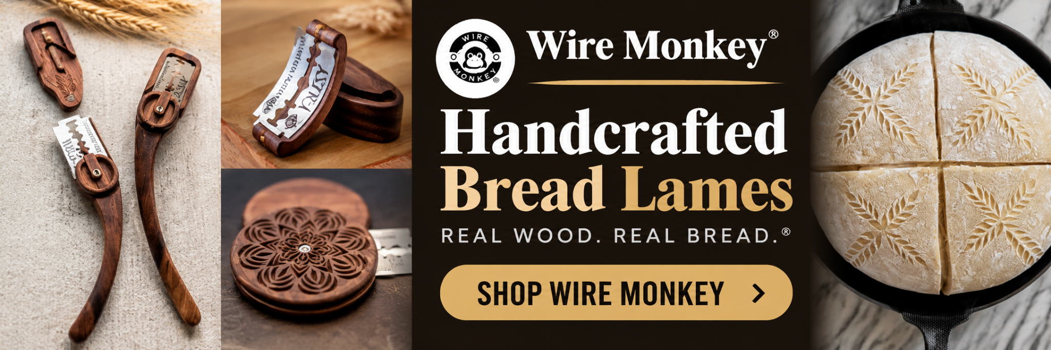 Wire Monkey handcrafted bread lames in real wood, with several lame designs and a scored loaf — Shop Wire Monkey