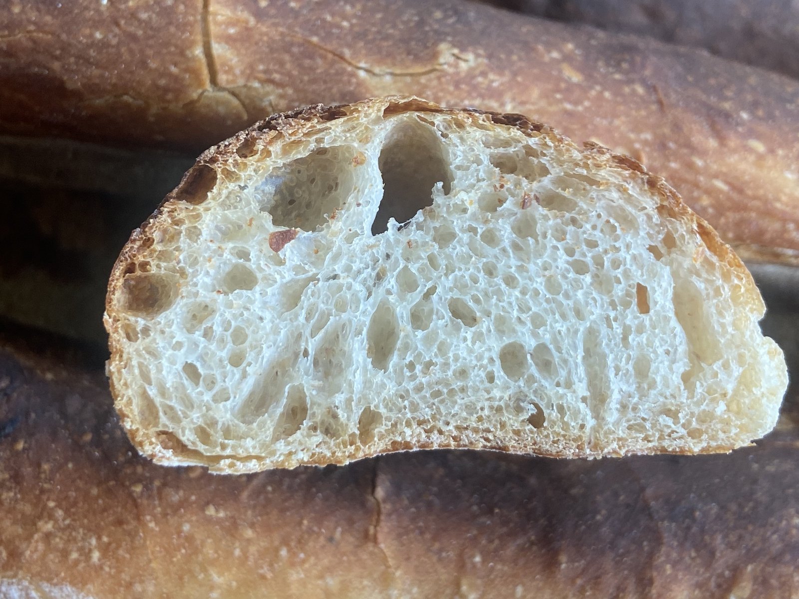 Baguette: finished baguette, cut to show the crumb