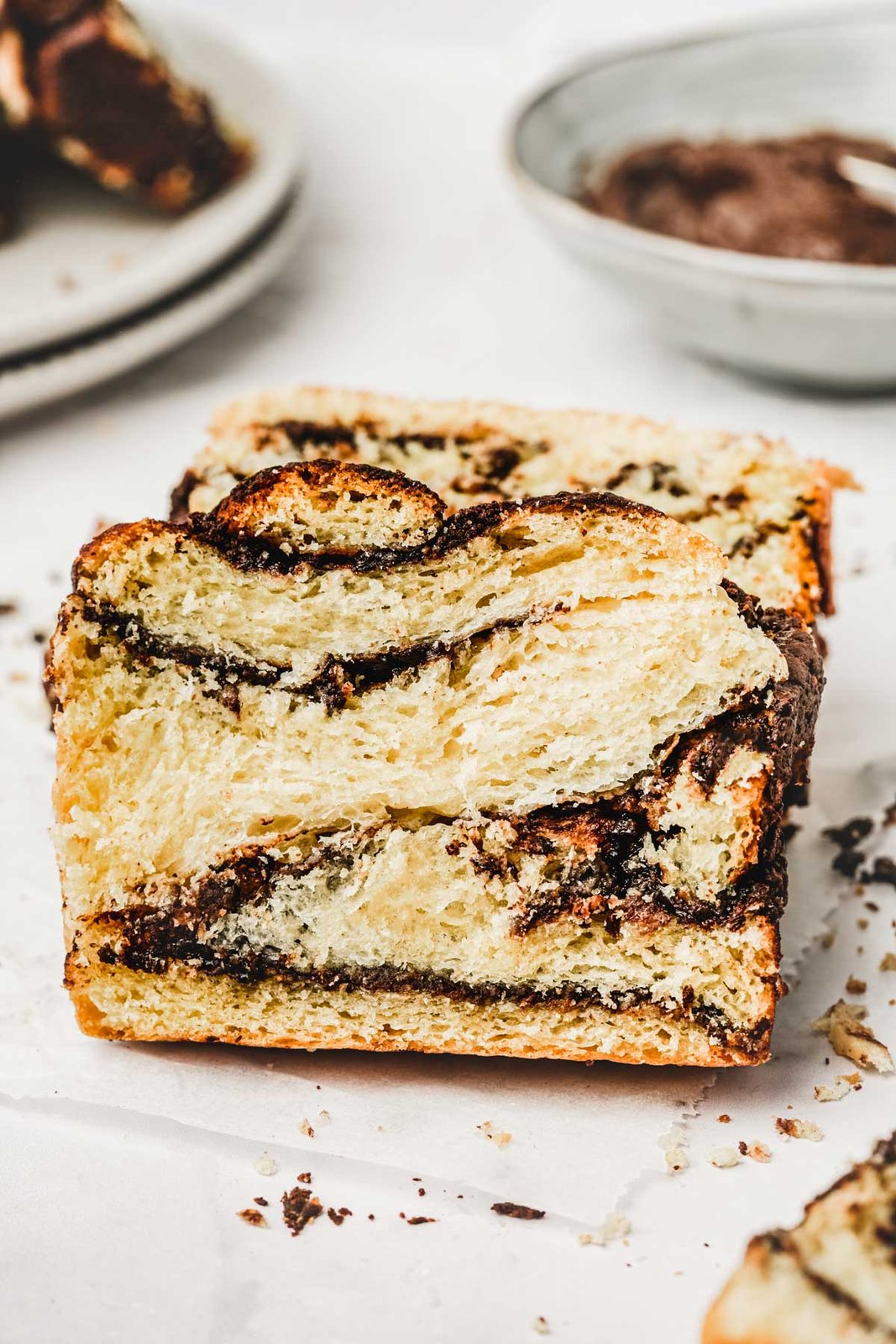 Babka: chocolate babka, sliced to show the swirl